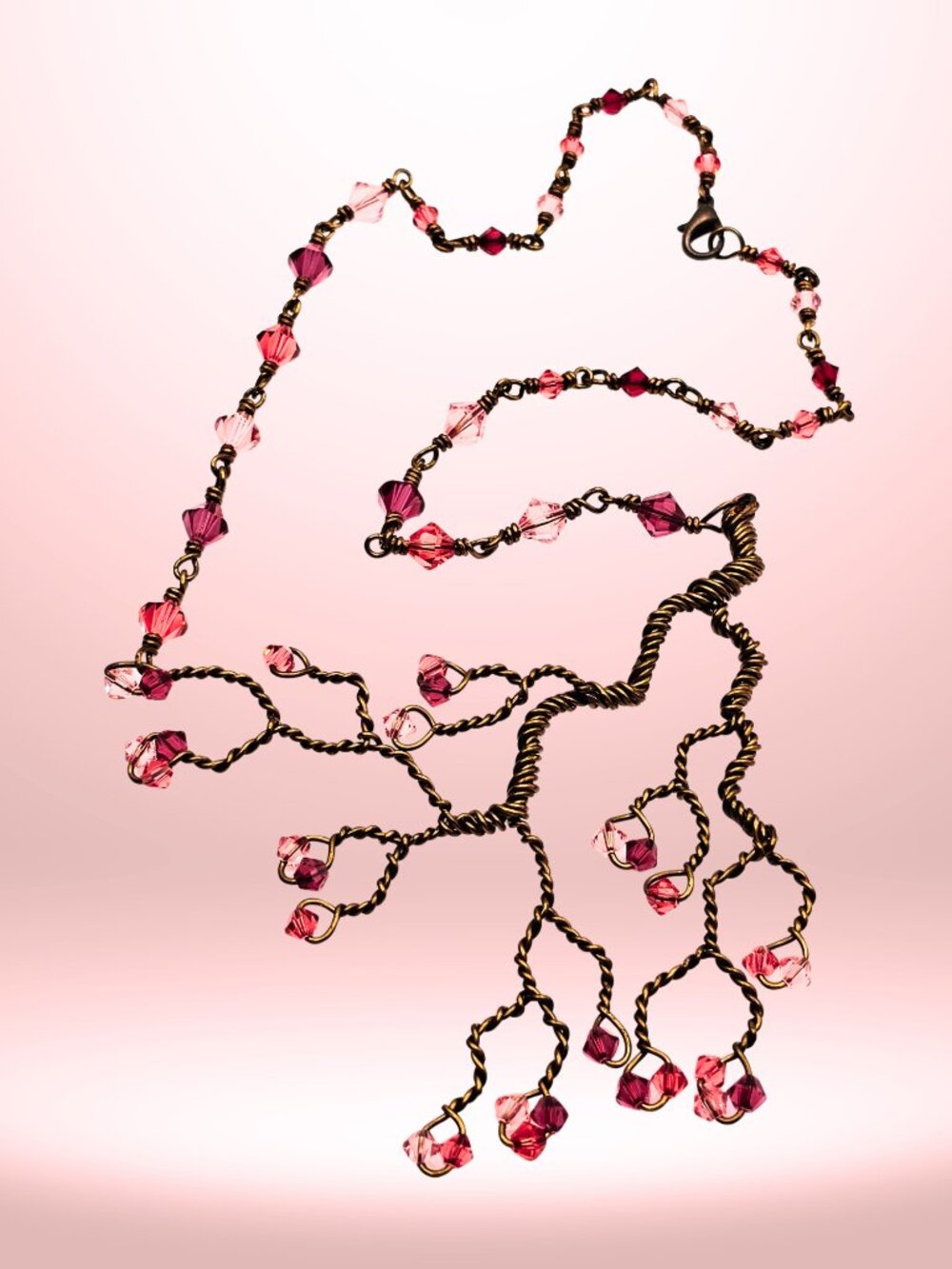 Hand Twisted Copper Tree Necklace Pink Crystal Cherry Blossom Statement Artisan - Picture 8 of 10